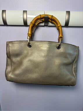 Gucci Authentic Leather Chic Designer Satchel Bag w/Bamboo Handle Gold Beige